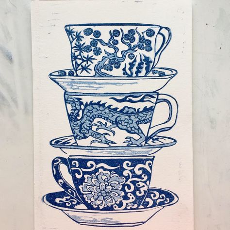 Chinese Tea Cup Tattoo, Tea Cup Linocut, Chinese Teapot Tattoo, Porcelain Cup Design, Teacup Sketch, Porcelain Illustration, Porcelain Tattoo, Porcelain Drawing, Stacked Tea Cups