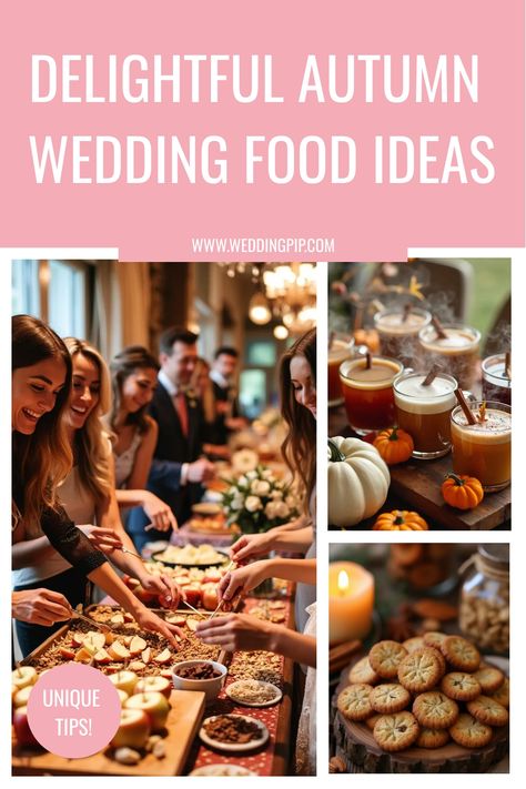 Delicious autumn-themed wedding food spread with guests enjoying seasonal dishes and drinks. Fall Appetizers For Wedding, Fall Wedding Dinner Ideas, Fall Wedding Menu Ideas Food, October Wedding Food Ideas, Fall Wedding Meal Ideas, Fall Wedding Food, Fall Wedding Reception Food, Fall Wedding Desserts, Fall Wedding Menu