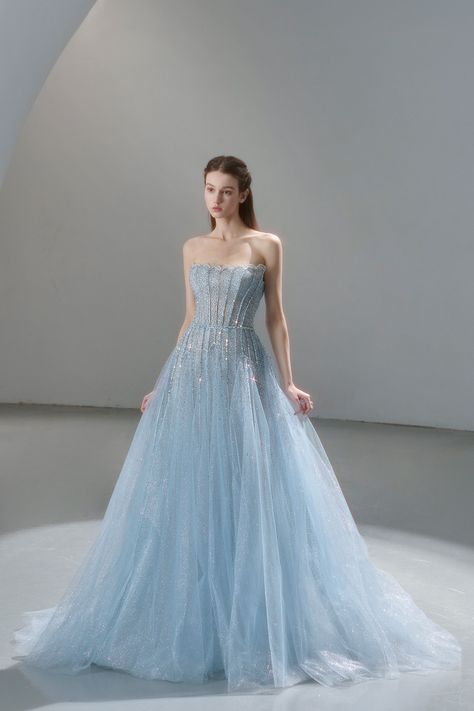 Semporna - TheAtelier Light Blue Couture Dress, Light Blue Gown, Beautiful Gown Designs, Bridesmaid Saree, Blue Ball Gowns, Simple Gowns, Fairytale Fashion, Fancy Wedding Dresses, Disney Princess Dresses