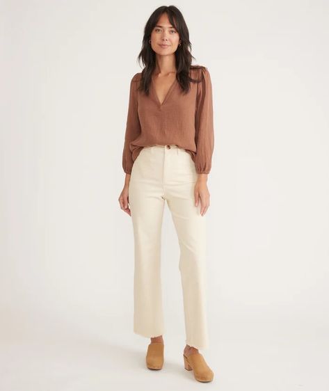 Full Length Raw Edge Bridget Pant in Cream – Marine Layer Cream Pants Outfit, Beige Pants Outfit, Corduroy Pants Outfit, Pants Outfit Work, Cream Pants, Beige Pants, Marine Layer, Crop Top Outfits, Collar Top