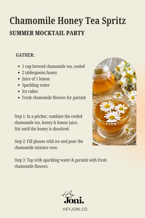 Chamomile Honey Spritz - Hey, Joni. Chamomile Mocktail, Summer Mocktail, Mocktail Party, Honey Tea, Chamomile Tea, Honey Lemon, Chamomile Flowers, Food Tips, Sparkling Water