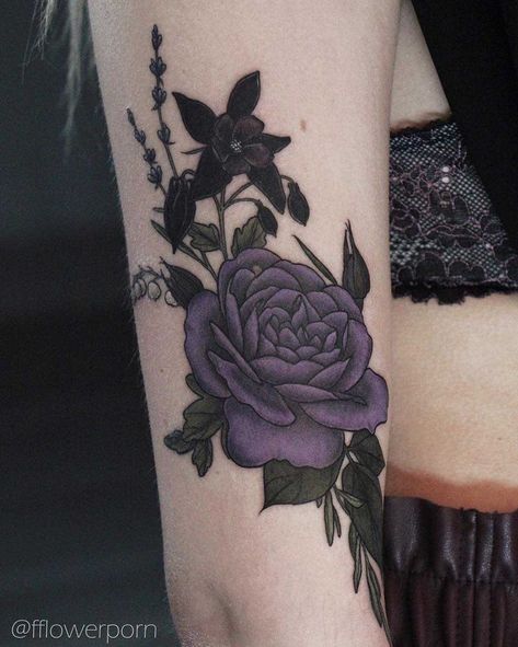 Daria Tattoo, Purple Tattoo, Purple Flower Tattoos, Lily Of The Valley Tattoo, Valley Tattoo, Purple Tattoos, Floral Thigh Tattoos, Tattoos Infinity, Girl Back Tattoos