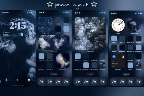 Phone Layout Ideas Dark Blue, Jellyfish Iphone Theme, Ocean Themed Iphone Layout, Jellyfish Phone Layout, Jellyfish Ios Layout, Jellyfish Iphone Layout, Jellyfish Layout, Blue Ios Theme, Jellyfish Homescreen