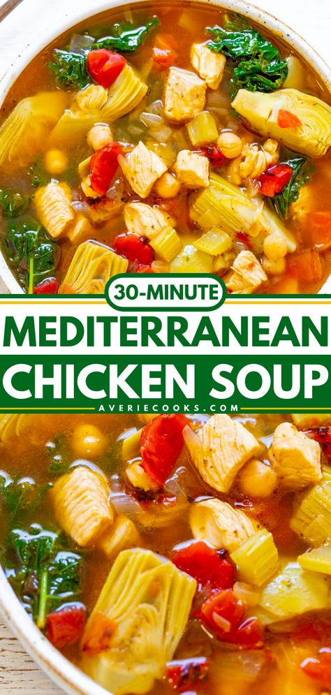 Mediterranean Chicken Soup, Mediterranean Soup Recipes, Mediterranean Soup, Mediterranean Recipes Healthy, Gourmet Soup, Mediterranean Diet Recipes Dinners, Diet Soup Recipes, Vegetable Soup Healthy, Averie Cooks