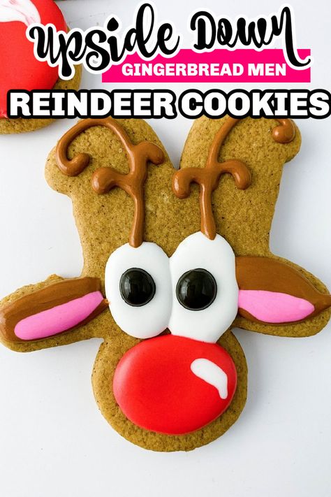 Upside down gingerbread men reindeer cookies are a unique Christmas cookie to try out. These reindeer cookies are so easy to make and you can use homemade cookies or store bought gingerbread men. A festive and creative holiday cookie! Creative Holiday Cookies, Make Gingerbread Cookies, Christmas Cookie Icing, Gingerbread Cookie Mix, Rudolph Cookies, Unique Christmas Cookies, Cookies Cute, Gingerbread Reindeer, Best Gingerbread Cookies