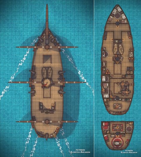 Sailing Ship ✦ Master Post | Patreon Dnd Boat Battle Map, Dnd Boat Map, Dnd Ship Battle Map, Steampunk Ship, Dnd Table, Pirates Illustration, Galleon Ship, Pirate Boats, Ship Map