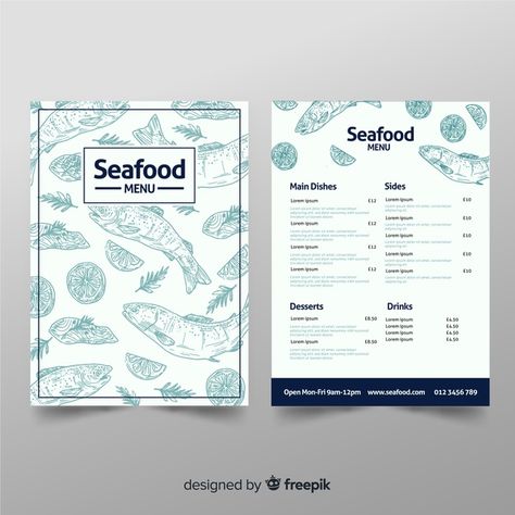 Seafood Restaurant Menu Design, Seafood Menu Design, Hand Template, Sushi Logo, Cafe Menu Design, Restaurant Web, Menu Card Design, Seafood Menu, Menu Mockup