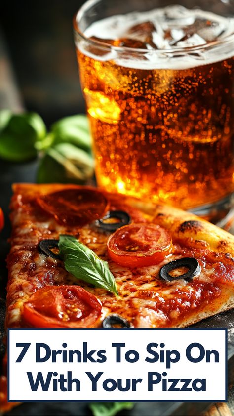 A close-up of a pizza slice paired with a refreshing drink, such as a soda, craft beer, or cocktail, highlighting the perfect combination of flavors for an enjoyable meal. Cocktails That Go With Pizza, Pizza Pairings, Seafood Pizza, Meat Pizza, Domino’s Pizza, Bacon Pizza, Southern Sweet Tea, Types Of Pizza, Artisan Pizza