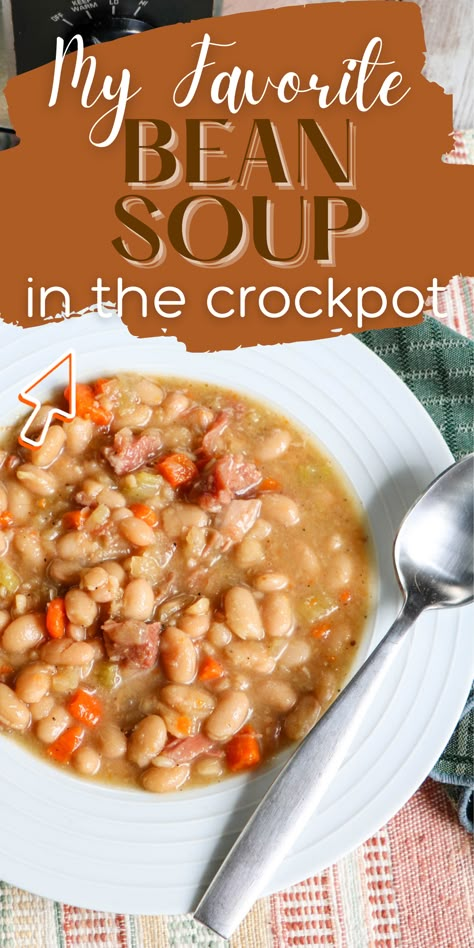 Making this Crockpot bean soup is easy and the end result is delicious! If you are looking for an indulgent soup that’s hearty and easy to make, this is it! Ham Soup Crockpot, Crockpot Ham And Bean Soup, Bean Soup Crockpot, Crockpot Ham And Beans, Crock Pot Ham, Soup Night, Comfort Soups, Ham And Bean, Vegetable Ideas