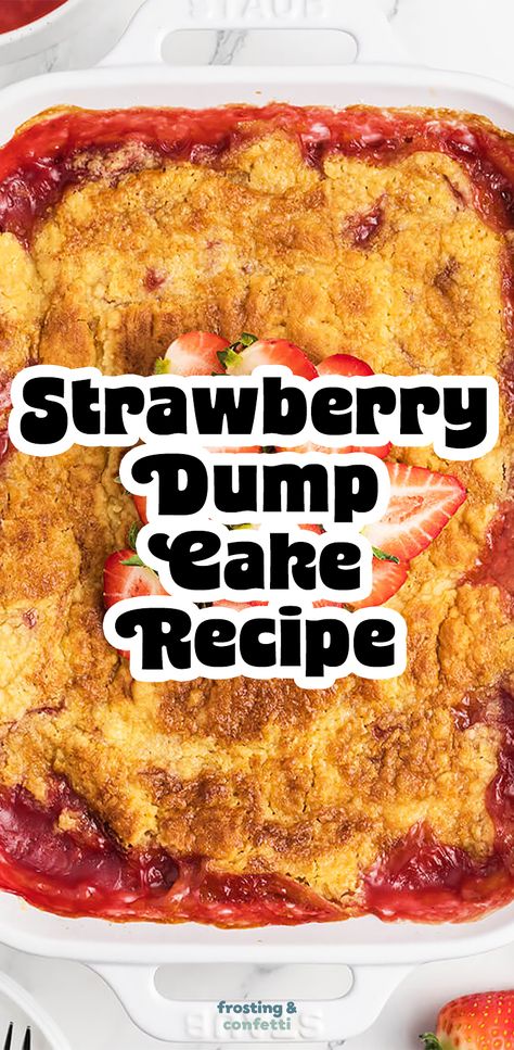 Make this simple and delicious strawberry dump cake with just 3 ingredients using boxed cake mix. This is a great party food too. Boxed Cake Mixes Recipes. Cake Recipes with Berries. Strawberry Cobbler With Cake Mix Easy, Strawberry Cake Mix Recipes Easy, Strawberry Dump Cake 3 Ingredients, Raspberry Dump Cake Recipes, Doctored Strawberry Cake Mix Recipes, Strawberry Cake From Box Recipe, Strawberry Cake Mix Ideas, Recipe For Dump Cake, Box Cake Mix Ideas