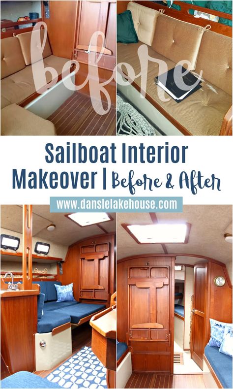 Ahoy! Tour Our Updated Ticon 30 Sailboat Interior. Check out this sailboat interior makeover with before & after photos and get sailboat decorating ideas. New sailboat upholstery, freshly oiled teak, DIY ice dyed pillows, and a few accessories updated this vintage sailboat! See more of this Ticon interior on the blog, if you love the sailboat aesthetic and sailboat living. Easy sailboat interior ideas cabin, sailboat interior decorating ideas, sailboat interior DIY. Beneteau Sailboat Interior, Sailboat Head Ideas, Catamaran Renovation, Sailboat Cabin Makeover, Inside Boat Cabin Ideas, V Berth Decor Boat Interior, Sailboat Interior Decor, Houseboat Decorating Ideas Boat Interior, Sailboat Bathroom Ideas