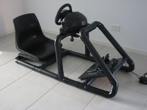 create gaming chair car frame with PVC pipimg | easiest way would be to make a frame out of pvc piping like this but ... Racing Cockpit, Gaming Computer Setup, Racing Chair, Pvc Projects, Arcade Cabinet, Car Frames, Racing Simulator, Gaming Room Setup, Diy Games