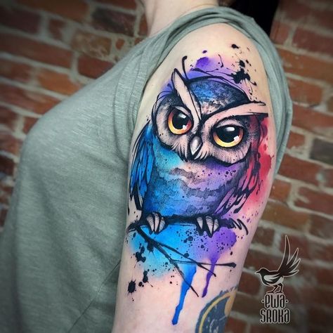 Watercolor Owl Tattoos, Colorful Owl Tattoo, Owl Tattoo Drawings, Cute Owl Tattoo, Model Tattoo, Owl Tattoo Design, Watercolor Tattoos, Disney Tattoo, Tatuaje A Color