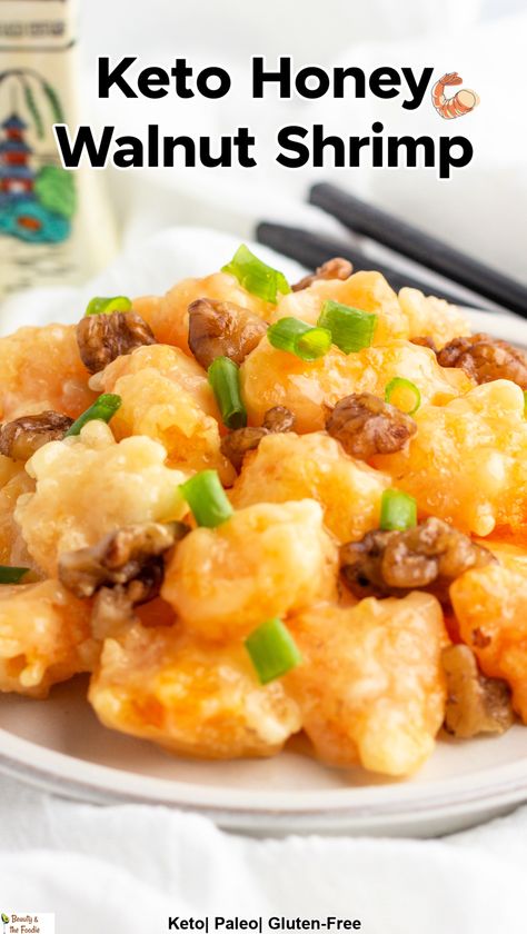 A plate of honey walnut shrimp with chopped green onions. Honey Nut Shrimp, Keto Honey Walnut Shrimp, Healthy Honey Walnut Shrimp, Sweet As Honey Keto Recipes, Low Carb Chinese Recipes, Keto Chinese Recipes, Keto Fried Shrimp, Keto Asian Recipes, Keto Coconut Shrimp