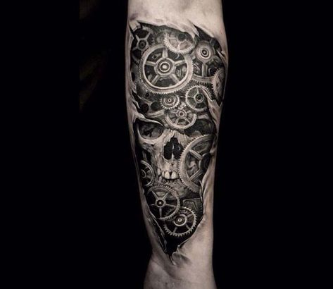 Skull and gears tattoo by Eliot Kohek Clock Gears Tattoo Design, Gear Sleeve Tattoos For Guys, Skull With Gears Tattoo, Skull And Piston Tattoo Design, Gears Tattoo Mechanical, Piston Tattoo, Gear Tattoo, Tattoo Sleeve Filler, Outer Forearm Tattoo