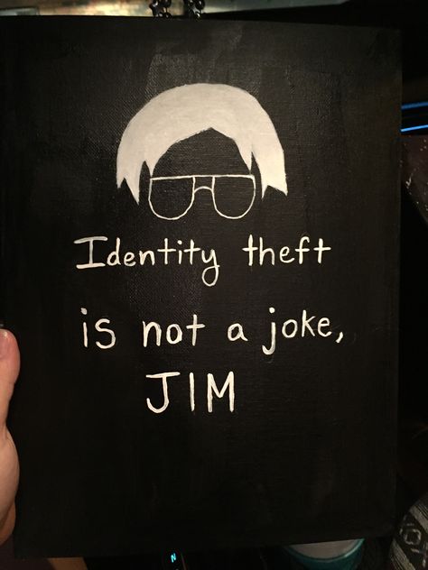 The office Dwight canvas “Identity Theft is not a joke Jim” The Office Painting Ideas, The Office Paintings, Big Little Canvas, Painted Skateboard, The Office Dwight, Office Paint, Office Canvas, Inspiration Painting, Small Canvas Paintings