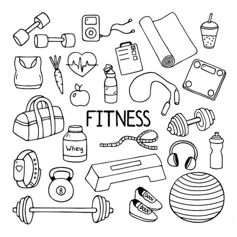 Health Doodle Art, Workout Aesthetic Drawing, Fitness Symbols Icons, Health And Fitness Images, Gym Equipment Illustration, Cartoon Dumbell, Dumbell Doodle, Gym Doodle Art, Gym Vector Art