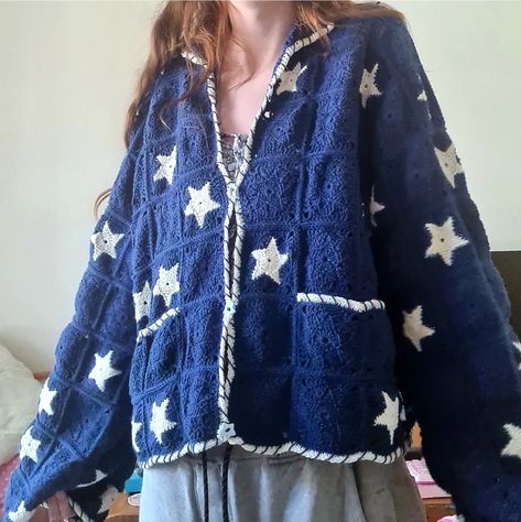 Crocheted a star jumper based on the one on pinterest and tiktok #crochet #tutorial Coraline Jumper Crochet, Star Granny Square Cardigan, Knitted Star Sweater, Crochet Star Sweater Pattern Free, Star Scarf Crochet, Star Cardigan Outfit, Crochet Moon Sweater, Homemade Knitted Sweaters, Star Granny Square Blanket