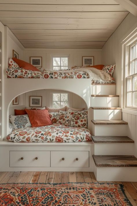 40 Bunk Room Ideas: Designs for Fun, Space-Saving Solutions Bunk Bed Cubby, Future Home Ideas Modern, Modern Cottage Guest Room, Toddler Bunk Bed Ideas, Rustic Bunk Room, Bunk Bed Boys Room Ideas, 3 Bed Bedroom, Room With 3 Beds, Farm Bedroom Ideas