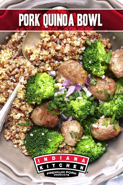 Whether you're trying out a keto or paleo diet, or just like wholesome, good-tasting food, you'll like this simple and delicious Pork Quinoa Bowl, featuring Indiana Kitchen Pork Tenderloin! Pork Tenderloin Bowl Recipe, Pork Quinoa Bowl, Quinoa Bowl, Tenderloin Recipes, Pork Tenderloin Recipes, Protein Meals, Quinoa Recipes, How To Cook Quinoa, Ground Pork