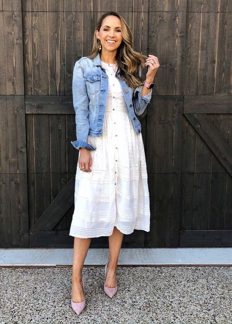 spring white dress and denim jacket outfit White Denim Jacket Outfit, Blush Heels, Jacket Outfit Women, Jean Jacket Outfits, Denim Jacket Outfit, Denim Jacket Fashion, White Jean Jacket, Dress With Jean Jacket, Denim Jacket With Dress