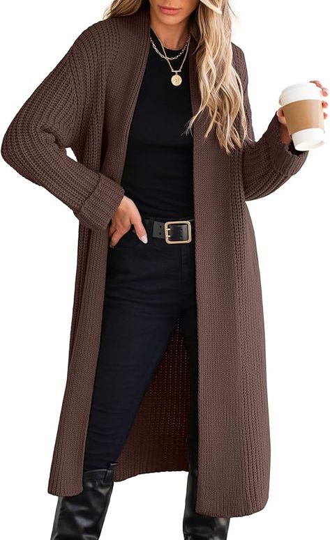 ANRABESS Women Knit Long Cardigan Long Sleeve Open Front Lapel Oversized Sweater Coat 2024 Fall Duster Outerwear Clothes Red Brown Medium at Amazon Women’s Clothing store Long Brown Sweater Outfit, Brown Long Cardigan Outfit, 20 Degree Weather Outfits, Brown Cardigan Outfit, Long Brown Sweater, Dark Brown Cardigan, Duster Outfit, Oversized Sweater Coat, Long Cardigan Outfit