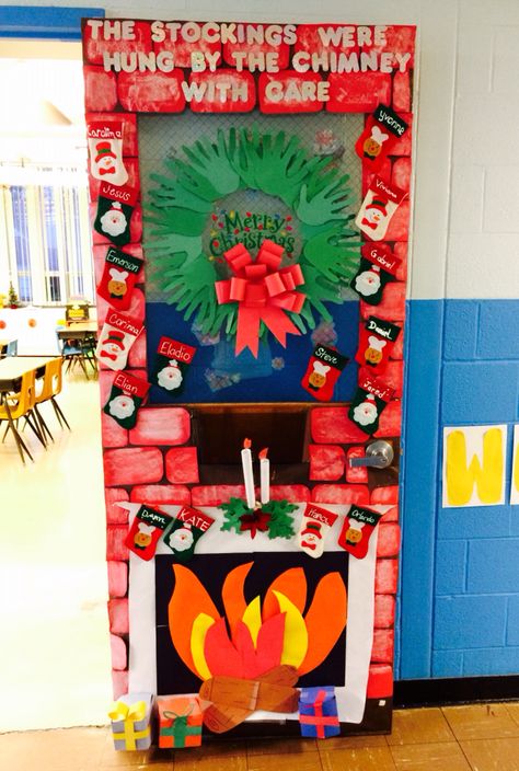 Fireplace Scenery on a Classroom Door for Christmas Fireplace Christmas Door Classroom, Fireplace Classroom Door, Classroom Door For Christmas, Classroom Fireplace, Classroom Door Christmas, Christmas Door Contest, Winter Door Decorations Classroom, Door For Christmas, Classroom Door Decorating