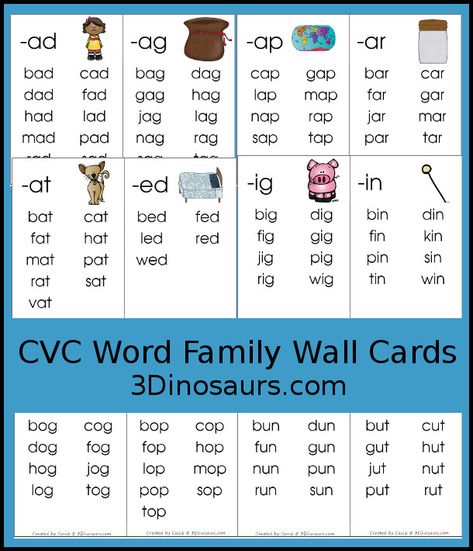 FREE CVC Word Family Wall Cards: -ad, -ag, -am, -an, -ap, -ar, at, -ed, -en, -et, -ig, -in, -ip, -it, -og, -op, -ot, -ow, -ox, -ug, -un, & -ut - 3Dinosaurs.com Word Families Printables, Word Family List, Kindergarten Word Families, Cvc Words Worksheets, Word Family Activities, 3 Letter Words, Cvc Words Kindergarten, 3 Dinosaurs, Word Family Worksheets