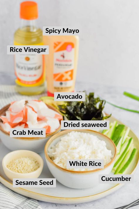 California Roll Bowl Easy, California Roll Bowl Recipe, California Sushi Roll Bowl, California Rolls Recipe Easy, Sushi Bowl Recipe California Rolls, Easy Sushi Bowl Recipes, Crab Rice Bowl, California Roll Cucumber Salad, Crab Poke Bowl