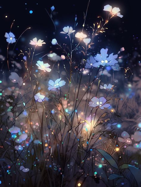 Flowers And Stars Aesthetic, Glowing Flowers Wallpaper, Aesthetic Night Anime, Glowing Flowers Aesthetic, Flowers Anime Aesthetic, Magic Flower Fantasy Art, Anime Flower Aesthetic, Anime Night Wallpaper, Flowers Night Aesthetic