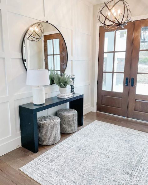 Long Hallway Entryway Ideas, Tall Foyer Ideas Entryway, Tall Entryway Ideas High Ceilings, Front Hallway Ideas Entrance, Open Foyer Ideas Entryway, Shiplap Entryway, Accent Wall Entryway, Foyer Ideas Entryway, Double Door Entryway