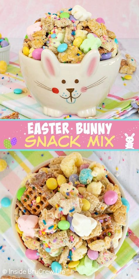 Easter Bunny Snack Mix - white chocolate covered Chex party mix loaded with sprinkles and colorful candies is a fun and delicious snack to make. Easy no bake treat to make for Easter. Easter Snack Mix Recipes Bunny Bait, Easter Trail Mix Bunny Bait, Easter Trail Mix, Easter Snack Mix, Easter Snack, Easter Cooking, Chex Party Mix, Bunny Bait, Easter Snacks