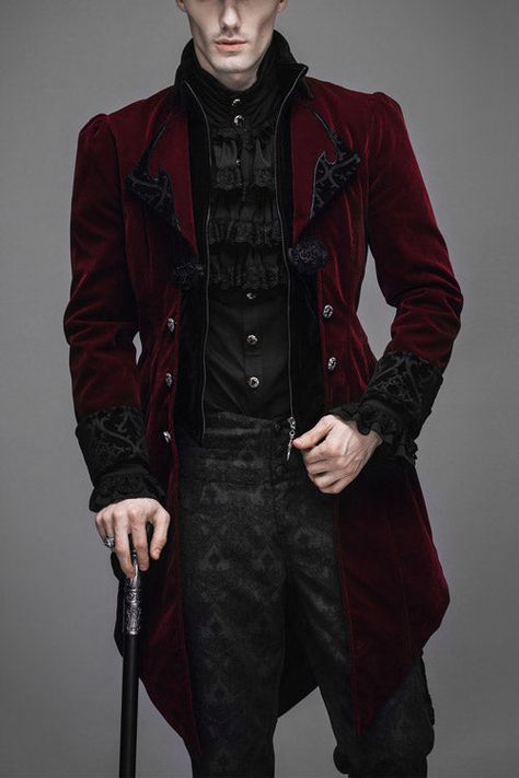 Vampire Formal Men, Victorian Masquerade Ball Men, Emo Prom Suit Men, Fantasy Mens Formal Wear, Victorian Gothic Men, Gothic Vampire Aesthetic Male, Vampire Men Outfit, Gothic Suits Men Victorian, Wine Red Suit Men