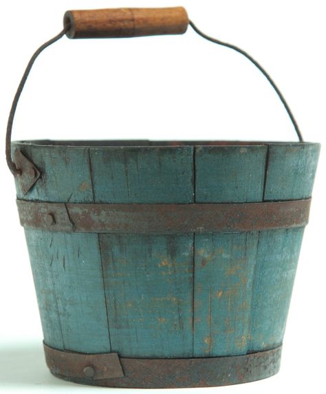 Love this PRIMITIVE Shaker; Berry Bucket, Stave & Hoop, Bale Handle, Blue Paint, 3 inch. Painted Buckets, Primitive Decor Ideas, Wooden Bucket, Old Bucket, Pantry Boxes, Shaker Furniture, Primitive Colonial, Primitive Furniture, Water Bucket