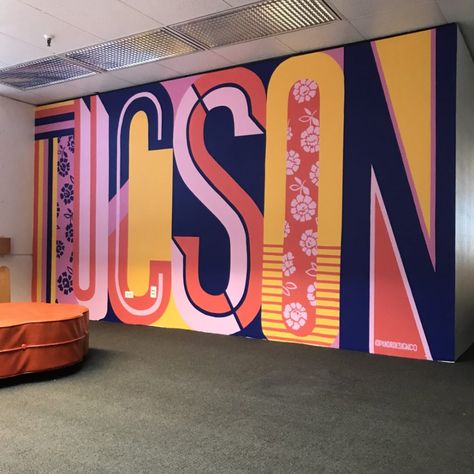 Tucson's MOCA Comes Alive with Indoor Mural | Pandr Design Co. Chalk Typography, Sign Painting Lettering, Office Mural, Logos Retro, School Murals, Sign Painting, Color Palette Bright, Custom Murals, Lettering Style