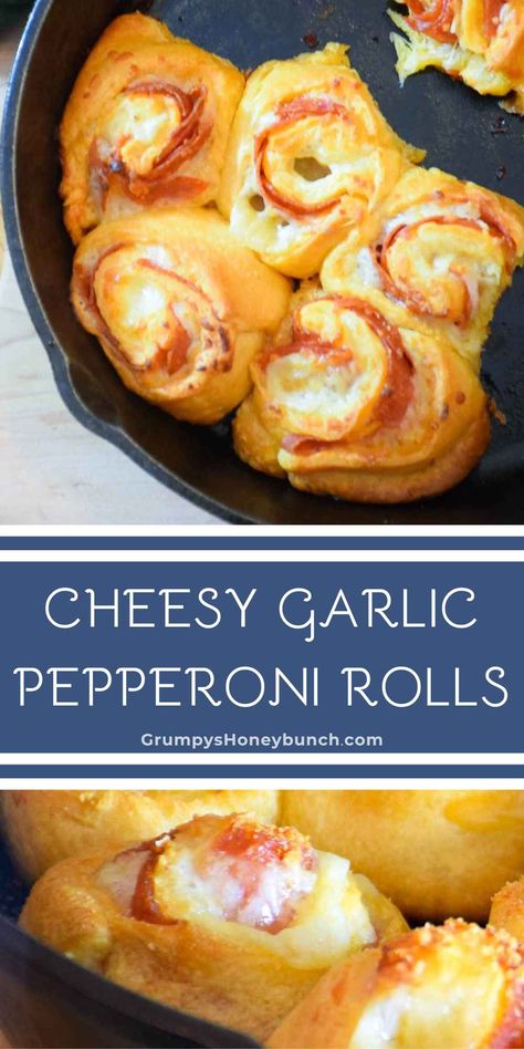 These Cheesy Garlic Pepperoni Rolls are the ultimate snack! Soft, buttery dough stuffed with gooey cheese, garlic, and pepperoni – all baked to golden perfection. Perfect for game day, parties, or anytime you need a savory treat everyone will love! Salami Pepperoni Roll Ups, Pepperoni Cheese Bread Sticks, Cheesy Garlic Rolls, Mini Potato Skins, Pepperoni Cheese Bread, Instant Pot Popcorn, Pepperoni Rolls Recipe, Pizza Rolls Recipe, Pepperoni Roll