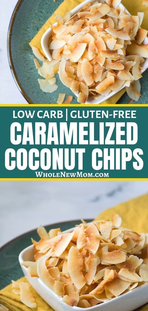 This Homemade Caramelized Toasted Coconut Chips Recipe is a fabulous easy healthy snack and one of our all time faves! It's a Copycat of Dang Brand Chips done low carb, paleo, gluten free & sugar free! #ketosnacks #lowcarbsnacke #glutenfreesnack #healthysnack #THMsnacks #AIPsnacks #vegansnacks Coconut Chips Recipe, Easy Healthy Snack, Toasted Coconut Chips, Keto Brownies, Coconut Chips, Diet Snacks, Paleo Snacks, Gluten Free Sugar Free, Chips Recipe