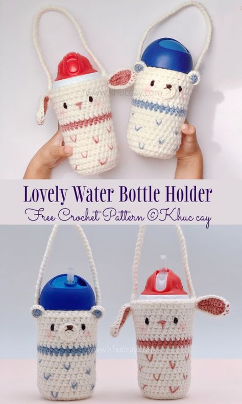 Crochet Bottle Holder Free Pattern, Crochet Water Bottle Holder Pattern Free, Crochet Bottle Holder, Bottle Decoration Ideas, Cover Design Ideas, Crochet Water Bottle, Crochet Water Bottle Holder, Coffee Cozies, Diy Ottoman