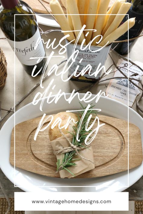 I just love creating tablescapes and I can't wait to show you a rustic italian dinner party table I put together. I started with a couple of inspiration pieces which was a small olive tree and some wine bottles. I think those things definitely say "Italian", don't you? I added some mini baquettes wrapped in parchment paper, tied with twine and a rosemary sprig tucked in at each plate. Wine bottles, wine corks and wine labels were also used to create this Italian tablescape. Rustic Italian Tablescape, Rustic Italian Table Decor, Olive Branch Tablescape, Rustic Italian Table Setting, Italian Dinner Party Table Settings, Rustic Italian Dinner Party Decor, Italian Tablescape Ideas, Italian Dinner Tablescape, Italian Dinner Party Tablescape