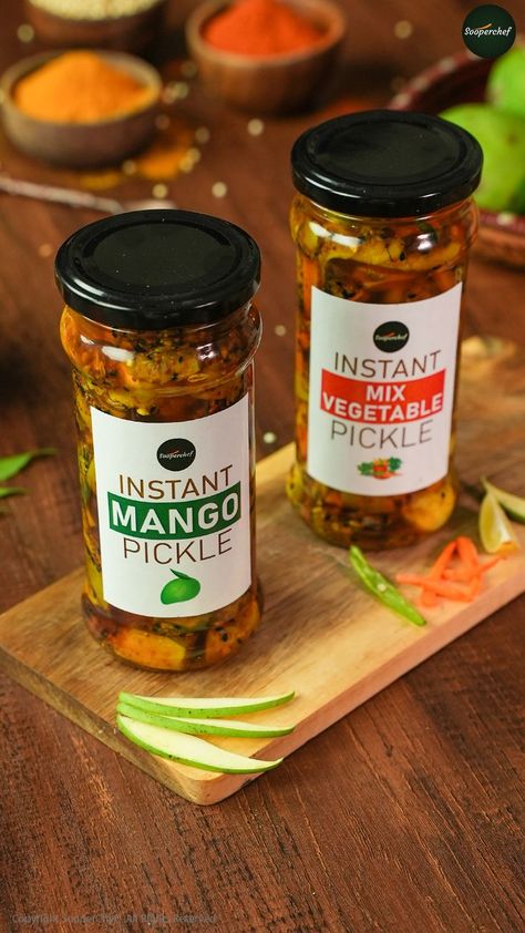 Instant Mango Pickle & Instant Mix Vegetable Pickle will enhance the taste of any meal. These Homemade Achaar are instant pleasure and are super easy to make. Try out these Instant Mango & Mix Vegetable Pickle and do share your feedback with us. #MangoPickle #VegetablePickle #Achar #pinterestrecipes #pinterestideas #pinterestworthy #foodphotos #foodpics #foodphotography #foodimages #pinterestinspired #foodstyling #Sooperchef #foodpresentation Vegetable Pickle, Achar Recipe, Mix Vegetable, Spices Photography, Homemade Pictures, Mango Pickle, Homemade Pickles, Food Packaging Design, Pickling Recipes