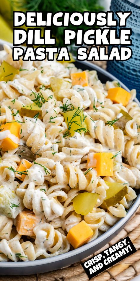 Dill pickle pasta salad with cheese cubes and fusilli pasta Pasta Salad With Dill, Pickle Pasta Salad Recipe, Pickles And Cheese, Pickle Pasta Salad, Pickle Pasta, Hearty Salad Recipes, Salad With Dill, Dill Pickle Pasta Salad, Zesty Salad