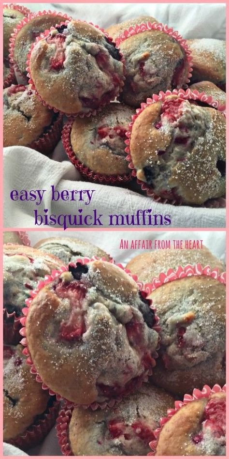 Easy Berry Bisquick Muffins | anaffairfromtheheart.com Easy and tasty! Made them with frozen berries and #Bisquick! Things To Make With Bisquick, Impossible Recipes, Bisquick Coffee Cake Recipe, Bisquick Muffins, Bisquick Recipes Breakfast, Bisquick Cookies, Jiffy Mix Recipes, Impossible Pies, Mixed Berry Muffins