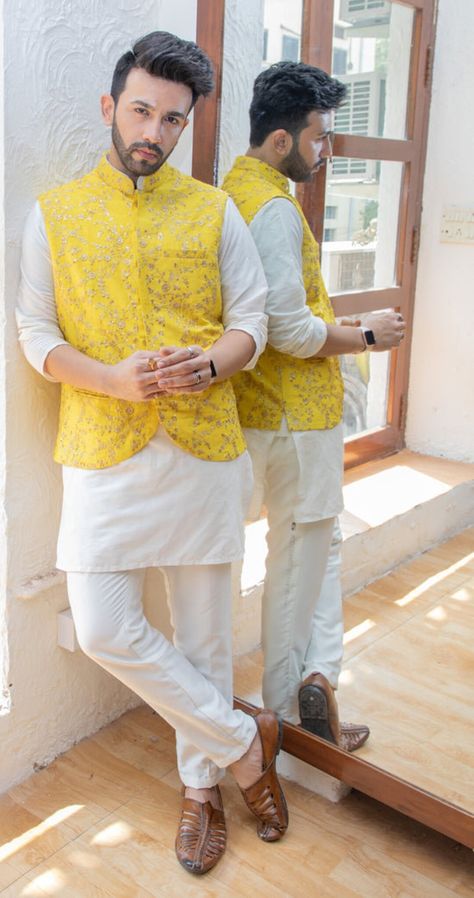 Buy Nehru Jacket With Silk Kurta Pajama Sherwani Groomsmen online on Etsy India. Shop for handmade, vintage and unique Womens Dresses items from DesignByShivani online on Etsy Groomsmen Kurta Pajamas, Aligarh Pajama, Mens Traditional Wear, Cotton Kurta Set, Haldi Outfits, Haldi Outfit, Anarkali Lehenga, Gents Kurta, Cotton Silk Fabric