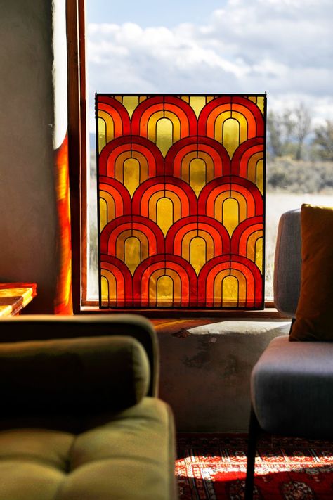 Leadlight Windows Modern, Stained Glass Decor Ideas, Classic Stained Glass Windows, Mid Century Stained Glass Patterns, Diy Stained Glass Window Renter Friendly, Art Deco Glass Window, Mcm Stained Glass Windows, 70s Stained Glass Window, Stained Glass Mid Century Modern