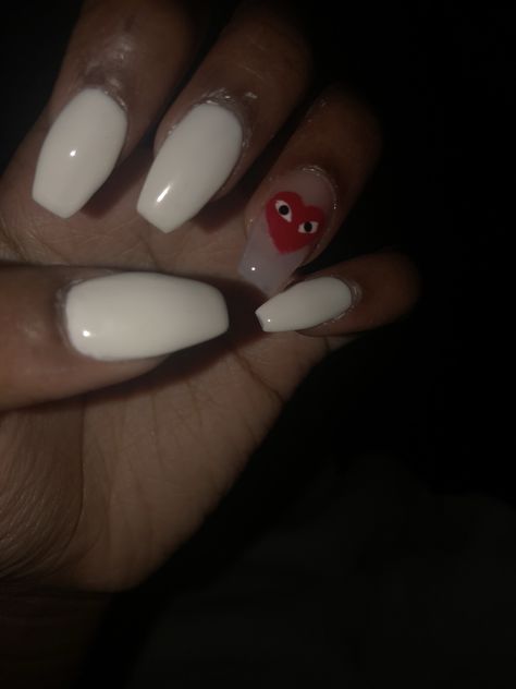 White Comme Des Garcons Nails, Heart Eye Nails Acrylic, Comme Des Garcons Nails French Tip, Cdg Nails Short, Short Nail Designs Heart, Heart Face Nails, Play Heart Nails, Comme Des Garcons Nails Acrylic, Cdg Heart Nails