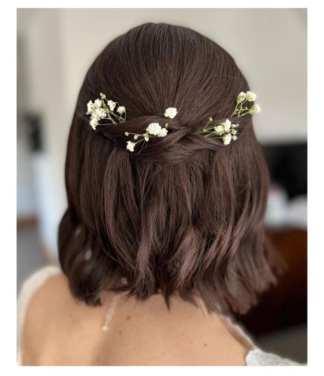 Flowers In Short Hair For Wedding, Short Hair Floral Hairstyle, Short Hair Flower Girl Hairstyles, Flowers In Short Hair, Bridal Hairstyle For Short Hair, Babies Breath Flowers, Formal Hairdos, Girls With Short Hair, Prom Hairstyle Ideas