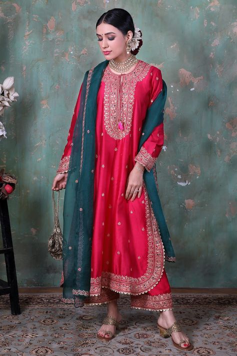 Buy Niti Bothra Resham Embroidered Kurta Palazzo Set Online | Aza Fashions Kurta Palazzo Set, Palazzo Set, Pink Tassel, Organza Dupatta, Embroidered Neckline, Indian Fashion Designers, Stunning Outfits, Sequins Embroidery, Silk Embroidery