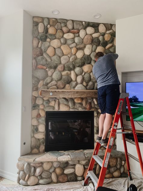 White Washed River Rock Fireplace, Creek Rock Fireplace, Living Room With River Rock Fireplace, Modern River Rock Fireplace, German Schmear River Rock Fireplace, Washed River Rock Fireplace, Painted Black Rock Fireplace, Paint River Rock Fireplace, Riverrock Fireplace Stone