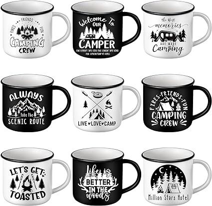 Amazon.com: Mumufy 9 Pcs Enamel Camping Coffee Mugs 12 oz Happy Campers Campfire Tea Cups Black White Travel Drinking Mugs with Handle Vintage Tea Cups for Coffee, Tea, Milk Travel Mug Camping Lover Holiday Gifts : Home & Kitchen Camping Drinks, Cups For Coffee, Vintage Tea Cups, Camping Camper, Camping Lovers, Camping Coffee, Tea Milk, Tea Cups Vintage, Happy Campers