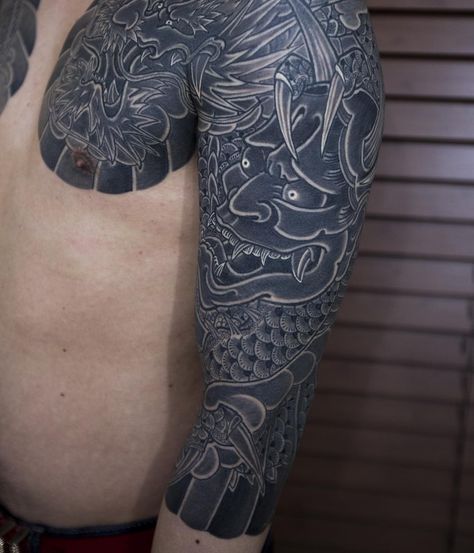 White Over Black Tattoo, Traditional Japanese Tattoo Sleeve, Blast Over Tattoo, Tattoo Pics, All Black Tattoos, Black Tattoo Cover Up, Reaper Tattoo, Finish Work, Black White Tattoos